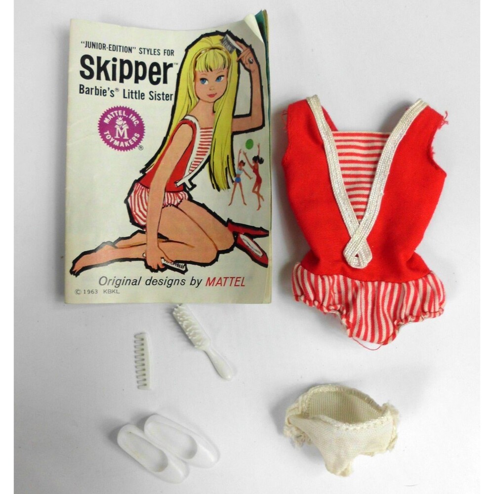 Vintage 1964 Mattel Barbie Skipper Doll #950 Red Striped Swimsuit Booklet Shoes